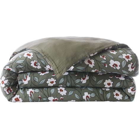 Housse de couette 140x200cm gaze de coton imprimé Floral coloris vert - FLORIANE