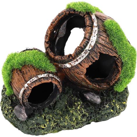 Double baril en bois de décoration d'aquarium (12,7 x 9 x 11 cm) – avec mousse, abri et attrape-œil pour chaque aquarium (1/5)
