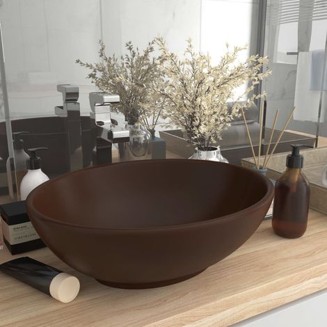 Vasque de Salle de Bain Ovale. Marron Foncé Mat. Lavabo moderne SANS Mitigeur (1/5)