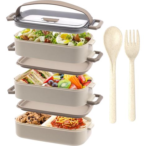 Lunch Box 3 Couches - 2200ml Bento Lunch Box pour Adulte et Enfant, avec Couverts et 3 pcs compartimentée réglables, sans BPA, Passe au micro-onde, 19.5x11.2x15cm, Beige (1/5)