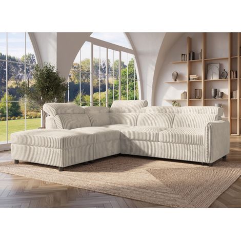 Deco In Paris – Canapé d'angle convertible en velours côtelé épais beige – Coffre de rangement – Méridienne gauche – Dimensions 244x226x99cm
