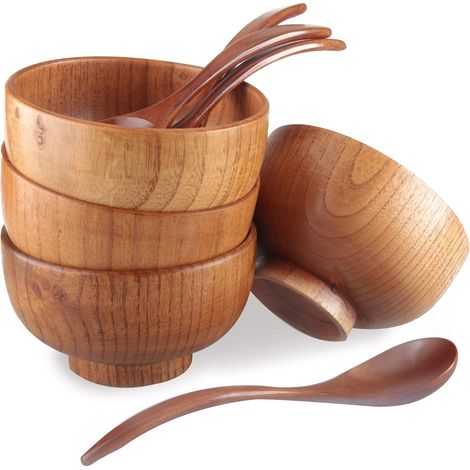 Lot de 4 bols japonais en bois de jujube 10,7 cm + 4 cuillères assorties, main (1/4)