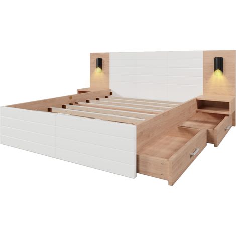 Cama doble 160 x 200 cm con 2 cajones, lámpara LED de lectura, USB, 2 mesitas, blanco roble (1/5)