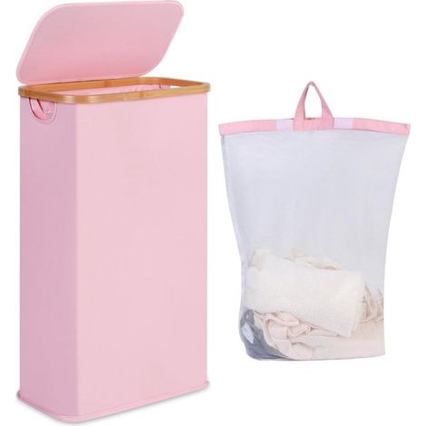 iEGrow 60L Wäschekorb mit Deckel,schmaler Wäschekorb mit herausnehmbarem und waschbarem Innenbeutel,Waschküche und Badezimmer (Pink) (1/5)