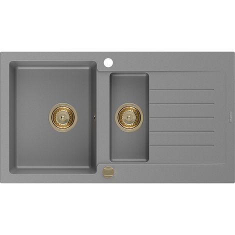 Mexen Matias évier en granit à 1,5 cuvette avec égouttoir 900 x 505 mm, Gris, siphon Or - 6502901505-71-G (1/5)
