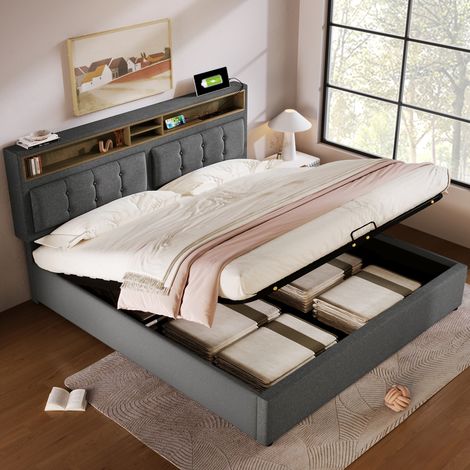 Lit coffre en tissu lin gris 140x200 cm avec tête de lit réglable, prises USB/USB-C et sommier à lattes inclus