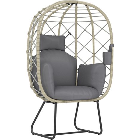 Rattan Egg Chair Outdoor Indoor Wicker Chair with Thickened Cushion and Headrest, Standing Garden Egg Chair with Cup Holder, Metal Frame for Patio, Balcony, Grey