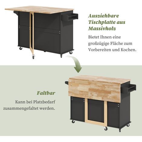 Table cuisine mobile 137x43(76)x92cm plan chêne pliable,multifonction avec 3 tiroirs et porte-serviettes pour intérieur.