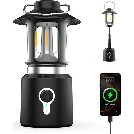 LED-Campinglaterne, wiederaufladbare Campinglampe mit 8000 mAh Akku und 3 Leuchtmodi, wasserdicht und stoßfest, Batterielaterne, schwarz