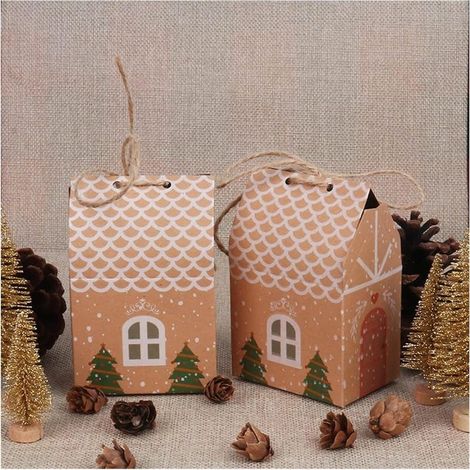 Lot de 10 boîtes cadeaux de Noël en papier kraft, en forme de maison avec cordes, sachets cadeaux pour bonbons, emballage cadeau pour enfants, boîte cadeau pour le Nouvel An (1/5)