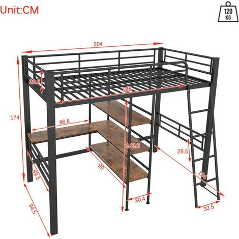 Lit mezzanine 90x200 cm avec bureau et étagères,cadre de lit en fer avec Garde-corps de sécurité pour adulte enfant,noir (1/5)