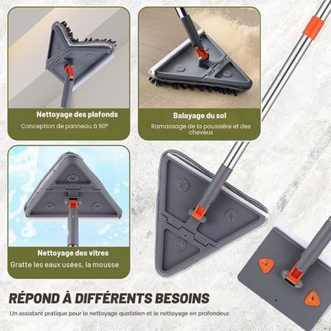 Balai Nettoyage Plafond - Tête Triangulaire Pivotante 360° - Manche Télescopique 200 cm - Pour Plafonds Fenêtres Murs - 8 Tampons Lavables
