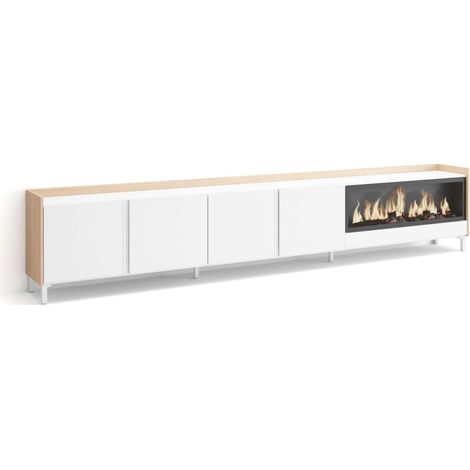 Mueble TV Almargen-02 de 315x61x35 cm con chimenea eléctrica XXL, diseño industrial, color blanco y roble soft (1/4)