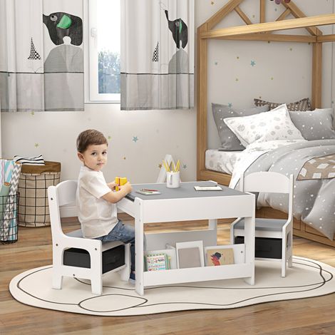 Table enfant 2 chaises, plateau 3-en-1 avec ardoise et rangements, gris (1/5)