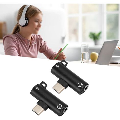 2Pcs Adaptateur USB C vers Jack 3.5mm Audio, Double Fonction Charge et Écoute Simultanées, ABS Résistant, Compatible Smartphone et Tablette, Noir