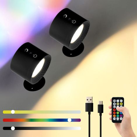 2 PCS Rechargeable Battery-Powered Wall Lights with Remote Control and Touch Control, RGB Magnetic Wall Lamp for Bedroom/Reading, Dimmable/Removable/Wireless