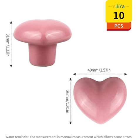 10 pomelli per porte, maniglie a forma di cuore, pomelli per mobili in ceramica rosa per armadi, credenze e camerette dei bambini. (1/4)