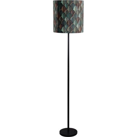 Stehleuchte Schwarz mit Samtlampenschirm Blattdesign und goldener Innenseite - Simplo