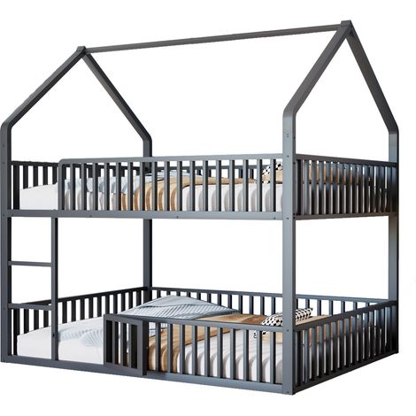 Lit superposé 140x200 - design cabane métal noir - lit superposé enfant - avec petite porte, échelle, barrières (1/5)