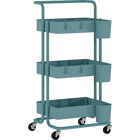 Chariot roulant 3 étagères avec 4 crochets et 3 paniers suspendus amovibles, 42 x 38 x 86,5 cm bleu-vert (1/5)