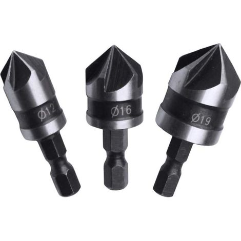 Lot de 3 forets coniques à queue hexagonale 5 cannelures à 90 degrés pour le travail du bois 12 mm/16 mm/19 mm (1/5)