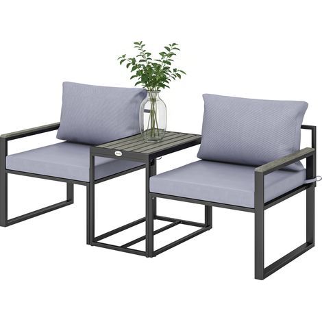3-teiliges Gartentisch-Set mit 2 Texteline-Stühlen und grauen Kissen (1/5)