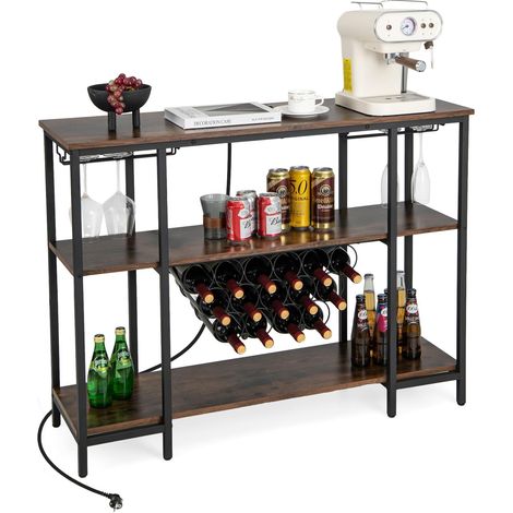 GOPLUS Étagère Range Bouteille à 3 Niveaux avec Prises-Table de Bar à Liqueur avec Porte-bouteille et Kit Anti-basculement Marron (1/5)