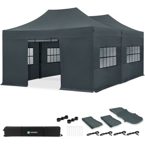 VONROC Tente de réception 6x4,5 m grise lot 2 tonnelles avec parois et kit de connexion étanche UV 50+ S3 PT502XX (1/4)