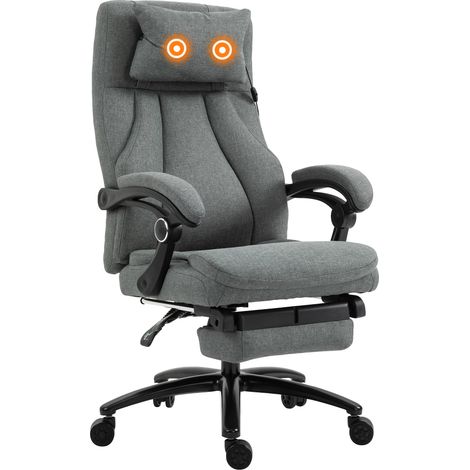 Vinsetto Bürostuhl mit Massagefunktion Ergonomischer Chefsessel mit Liegefunktion, Fußstütze Höhenverstellbar 360° Drehbar Schreibtischstuhl mit Kopfstütze, USB-Schnittstelle, Leinenoptik, Grau (1/5)