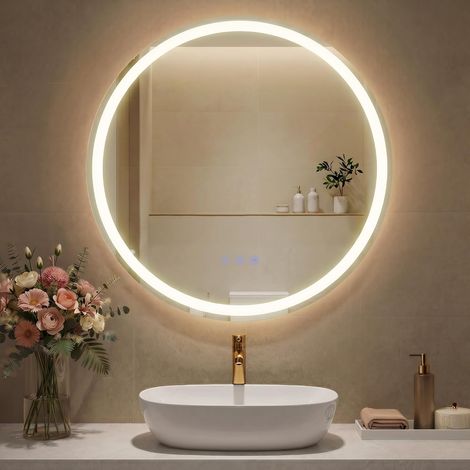 Specchio da bagno con luci, Specchio da parete rotondo, antiappannamento, temperatura e luminosità regolabili, per toletta, camera da letto, 24", bianco nuvola LWM211WC02 (1/5)