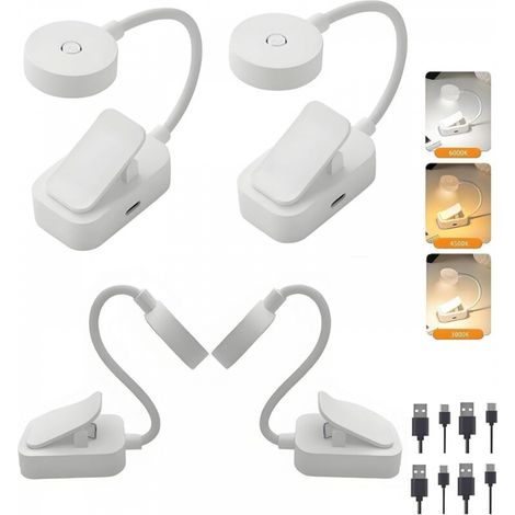 Mini lampe de lecture LED 4 pièces, rechargeable, à pince, protection des yeux, intensité variable et 3 couleurs, col flexible à 360°, portable pour la lecture – Blanc [Classe énergétique A+++] (1/4)