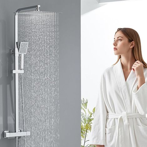 AURALUM Max Colonne Douche Thermostatique Hauteur Réglable entre 81.8-124.8cm,Mitigeur Baignoire avec Pommeau Douche 30x30CM,Salle Bain,Chromé (1/5)