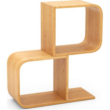 COSTWAY 2-Tier S-Shaped Bookcase Bamboo Bookshelf w/2 Open Cubes-Natural (1/5)