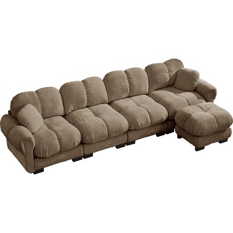 Canapé d'angle modulable 4 places en tissu chenille marron avec ottomane mobile (1/5)