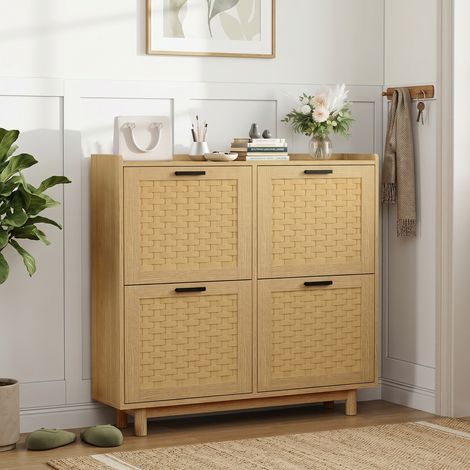 BLANKETSWARM - Meuble à chaussures 108x55x36 cm– 4 portes abattantes en rotin – 8 étagères – Résistant à l'humidité – Design scandinave naturel, Chêne
