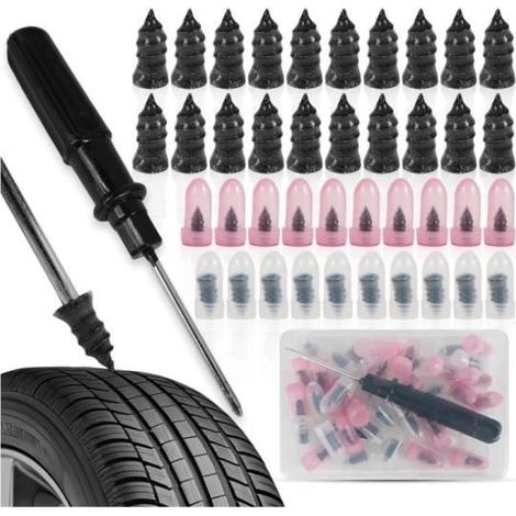 Kit Reparation Pneu Voiture Inclut 40 Clous en Caoutchouc de 2 mesures Tournevis Plat/Cruciforme Meche Pneu Crevaison kit Meche (1/4)