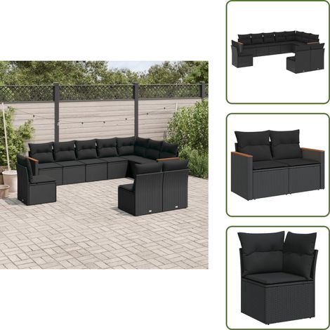 Salon de jardin 10 pcs avec coussins noir résine tressée - Ensemble Salon De Jardin - Mobilier Extérieur - Meubles De Jardin - Salon De Jardin Pliable - Chaise Longue (1/5)