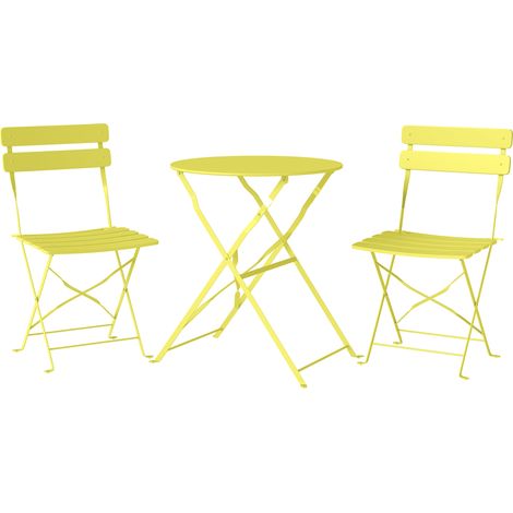 Ensemble de jardin bistrot 3 pièces table pliante et 2 chaises à lattes double protection antirouille jaune (1/5)