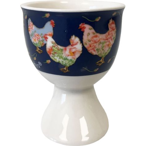 Coquetier en Grès Décor Poules Fleuries Fond Bleu (1/2)