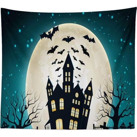 CSPARKV Halloween Tapestry Wall Hanging Moon Dead Tree Castle Bat Digital Print Home Decor Beach Towel 150 x 130 cm (1/5)