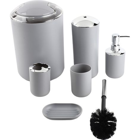 Ensemble de 6 accessoires de salle de bain : porte-brosse à dents, poubelle, distributeur de savon (gris) (1/5)