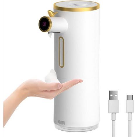Distributore automatico di sapone in schiuma con sensore, ricarica USB, pompa a micro-schiuma, serbatoio da 300 ml, tecnologia di schiuma igienica senza contatto, per bagno e (1/4)