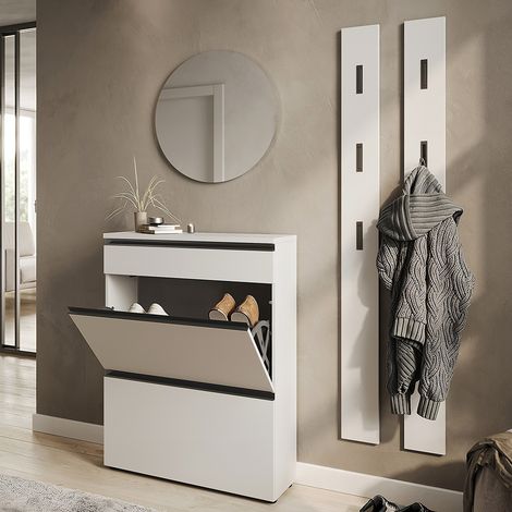 Garderoben-Set mit Spiegel, Schuhschrank & 2 Garderobenpaneelen in beige, modern, 4-teilig - BADIA-01 (1/5)