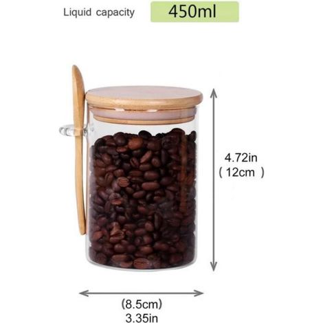3Pcs Bocaux en Verre, 450ml Bocal de Stockage, Pot en Verre avec Couvercle Bambou et Cuillère, Verre pour Café, Thé, Sucre, Bonbons (1/4)