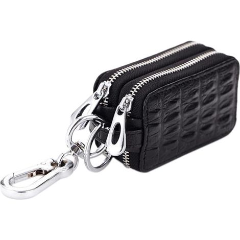 Porte-clés zippé en cuir fait à la main (noir) (1/3)