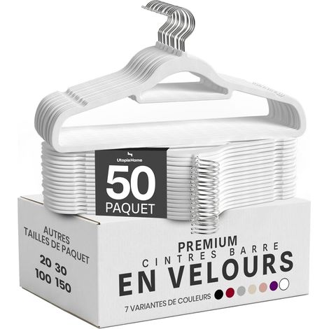 Cintres en Velours avec Barre à Cravate (Blanc, Lot de 50) (1/5)