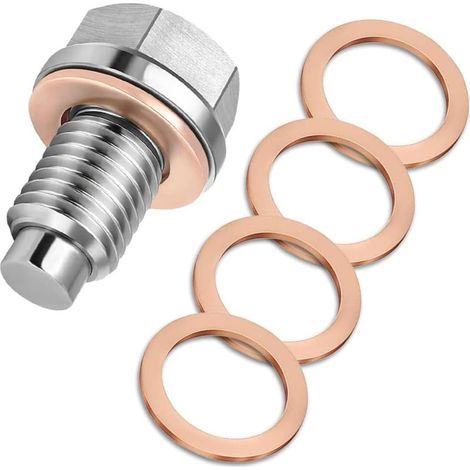 écrou de vidange de carter d'huile magnétique en acier inoxydable M14x1,5 avec 5 rondelles en cuivre anti-fuite, convient à la plupart des voitures, motos et bateaux. (1/5)