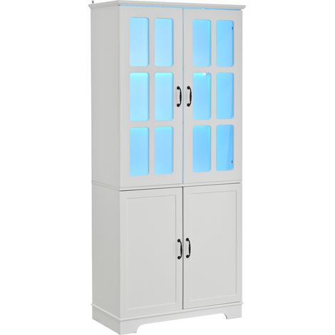 Vitrinenschrank mit 4 Türen und 5 Ebenen, Gitterglastüren für Wohnzimmer oder Küche, aus Spanplatte, Weiß (1/5)