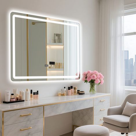 FIANAO - Miroir lumineux de salle de bain - 80×60cm, antibuée, éclairage LED avant et arrière, lumière blanche éclatante, affichage de l'heure et de la température sur la surface du miroir (1/5)
