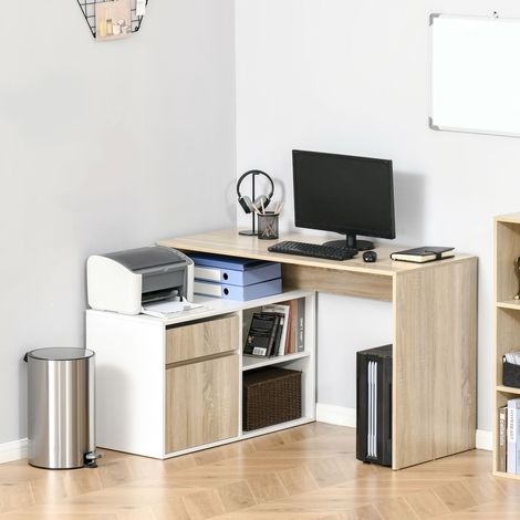 Bureau d'angle pour ordinateur, pour chambre ou bureau, bureau gain de place en bois, couleur chêne et blanc (1/5)